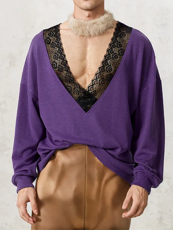 Mens Lace Patchwork Textured Pullover Sweater SKUK81739 sold by Incerunmen product image thumbnail 5