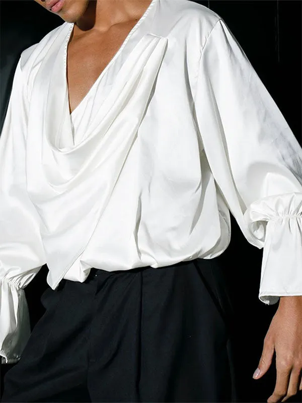 Mens Draped Neck Tie-Detail Long-Sleeve Shirt SKUK88222 sold by Incerunmen