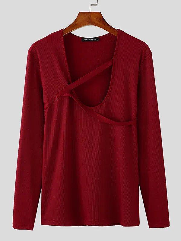 Mens Deconstructed Solid Color Long-Sleeve T-Shirt SKUK85579 sold by Incerunmen product image thumbnail 4