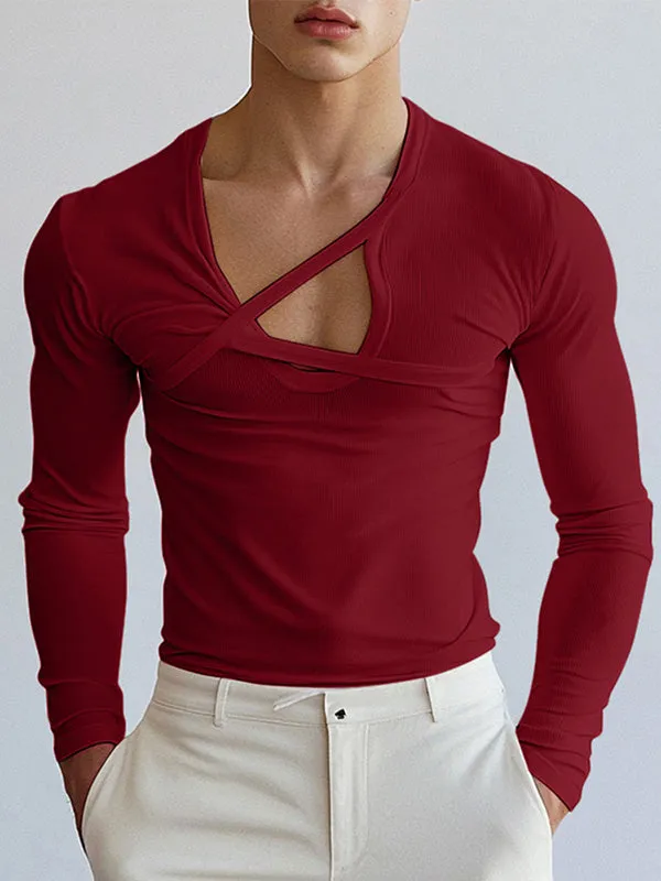 Mens Deconstructed Solid Color Long-Sleeve T-Shirt SKUK85579 sold by Incerunmen