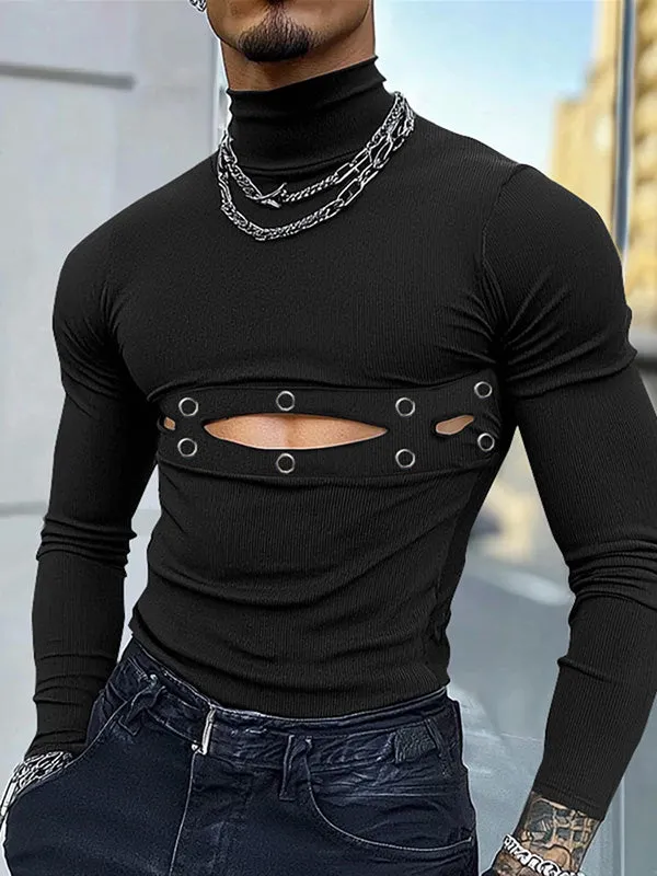 Mens Metal Button Hollow Out Long Sleeve T-Shirt SKUK84559 sold by Incerunmen