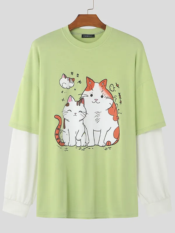 Mens Cat Print Long Sleeve T-Shirt SKUK80469 sold by Incerunmen product image thumbnail 4