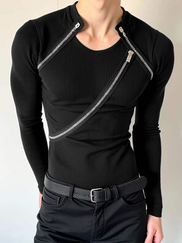 Mens Textured Zipper Long Sleeve T-Shirt SKUK84389 sold by Incerunmen