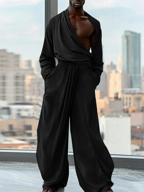 Mens Solid Color Ruched Long Sleeve Jumpsuit SKUK82384 sold by Incerunmen