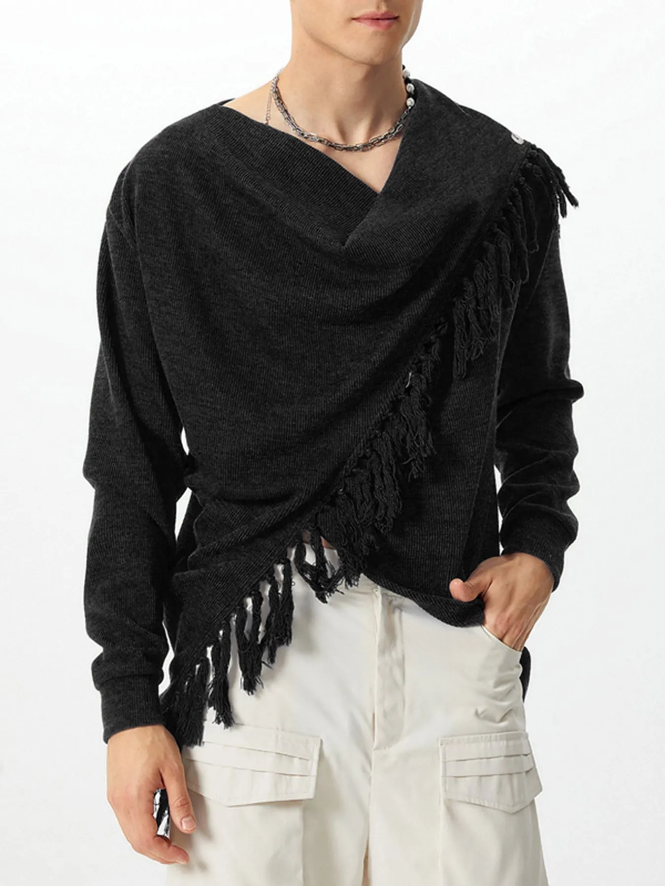 Mens Knitted Fringe Cowl Neck Long Sleeve Cardigan SKUK79210 sold by Incerunmen product image thumbnail 5