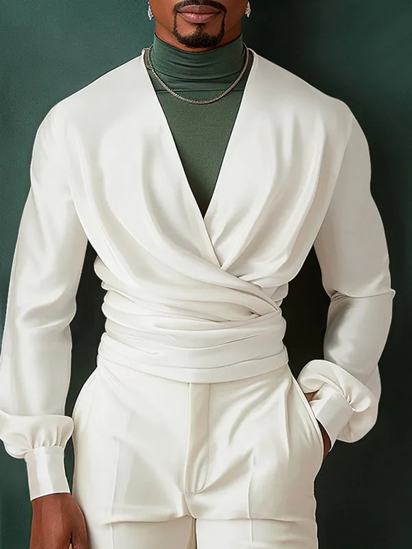 Mens Asymmetric Cross-Neck Long-Sleeve Shirt SKUK80470 sold by Incerunmen