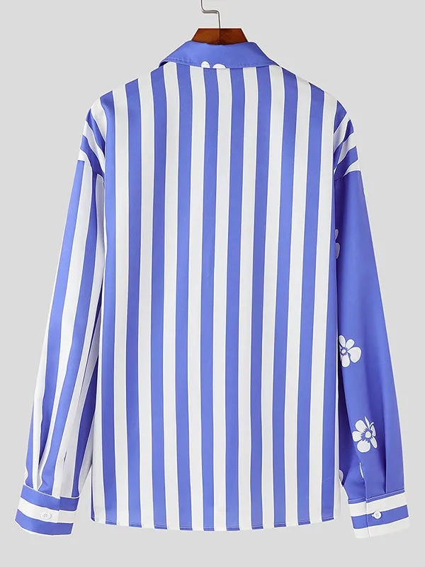 Mens Striped Patchwork Floral Print Long Sleeve Shirt SKUK80290 sold by Incerunmen product image thumbnail 5