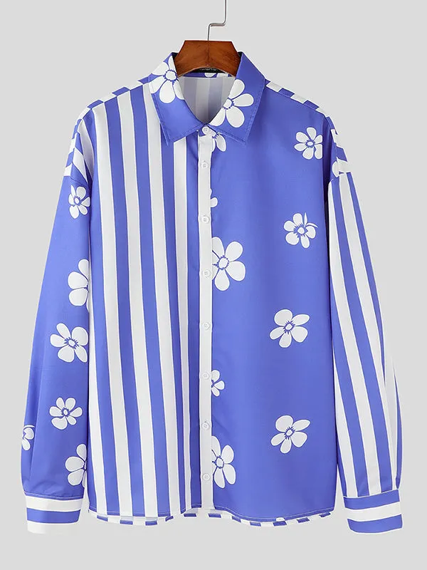 Mens Striped Patchwork Floral Print Long Sleeve Shirt SKUK80290 sold by Incerunmen product image thumbnail 4