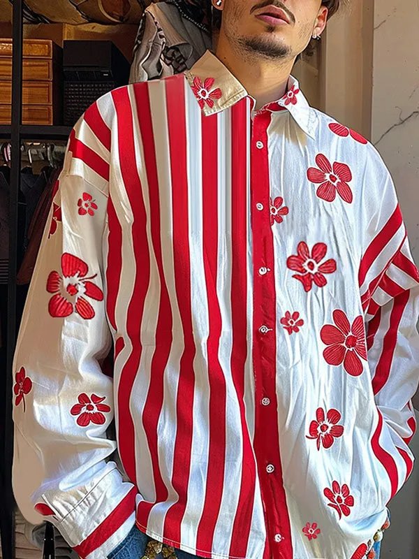 Mens Striped Patchwork Floral Print Long Sleeve Shirt SKUK80290 sold by Incerunmen product image thumbnail 2