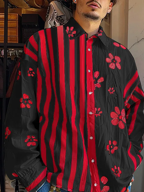 Mens Striped Patchwork Floral Print Long Sleeve Shirt SKUK80290 sold by Incerunmen