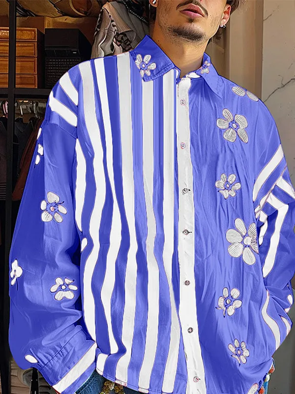 Mens Striped Patchwork Floral Print Long Sleeve Shirt SKUK80290 sold by Incerunmen product image thumbnail 3