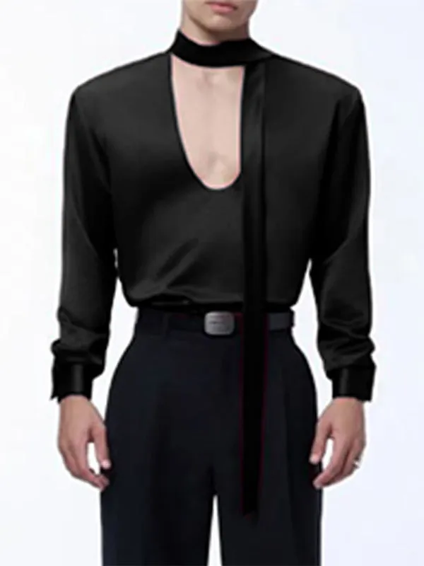 Mens Solid Color Tie-Detail Long Sleeve Shirt SKUK80266 sold by Incerunmen