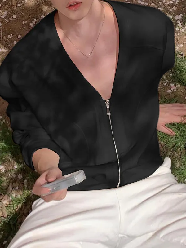 Mens Solid Color V-Neck Long Sleeve Jacket SKUK79467 sold by Incerunmen product image thumbnail 2