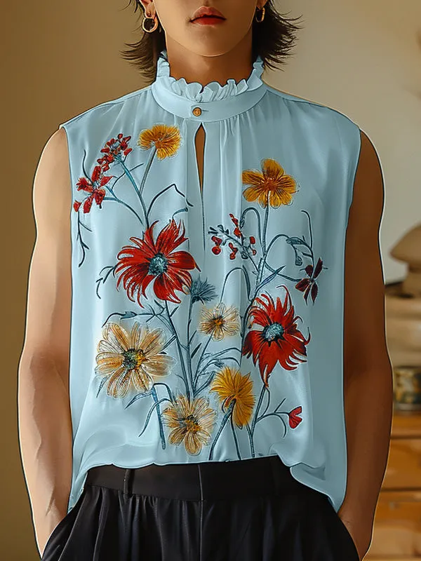 Mens Floral Print Mock Neck Sleeveless Tank SKUK64732 sold by Incerunmen product image thumbnail 3