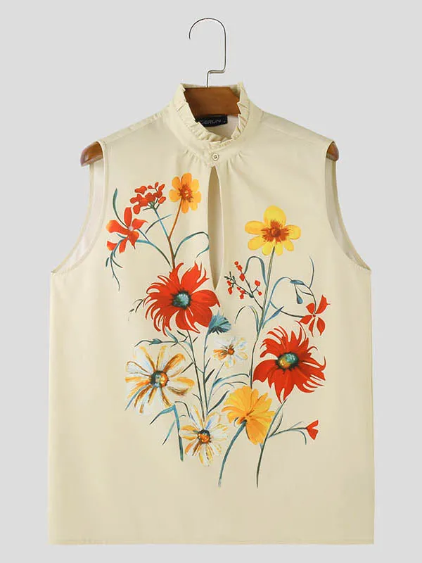 Mens Floral Print Mock Neck Sleeveless Tank SKUK64732 sold by Incerunmen product image thumbnail 4