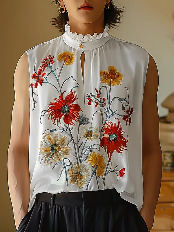 Mens Floral Print Mock Neck Sleeveless Tank SKUK64732 sold by Incerunmen product image thumbnail 2