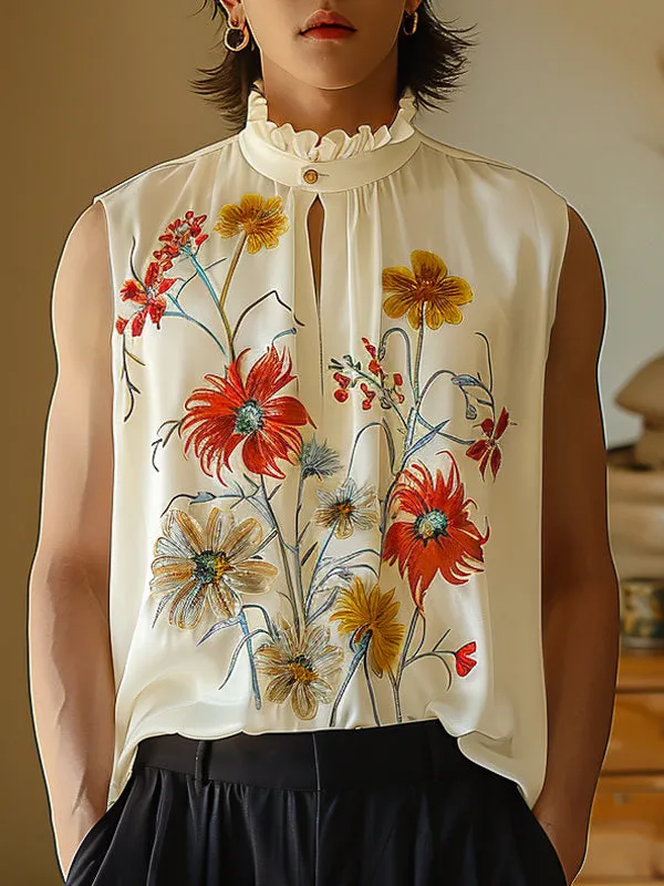 Mens Floral Print Mock Neck Sleeveless Tank SKUK64732 sold by Incerunmen