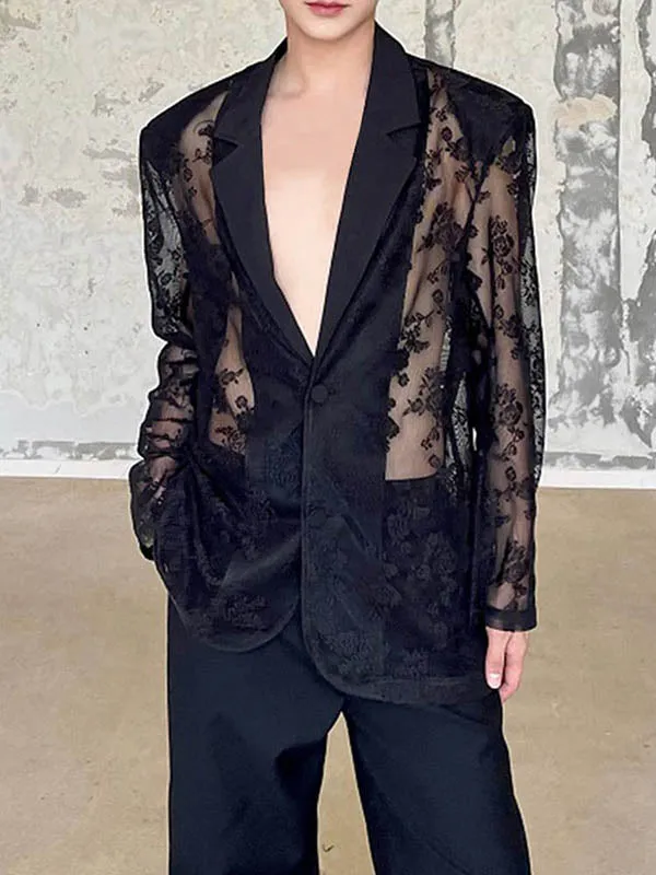 Mens Sheer Lace Print Long Sleeve Blazer SKUK68884 sold by Incerunmen