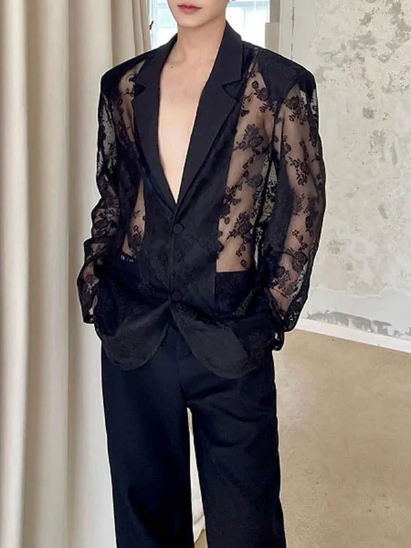 Mens Sheer Lace Print Long Sleeve Blazer SKUK68884 sold by Incerunmen product image thumbnail 2