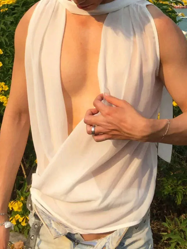 Mens Sheer Cowl Neck Tie-Strap Tank SKUK68479 sold by Incerunmen