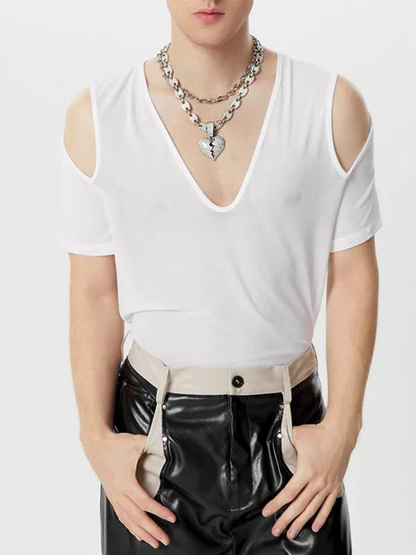 Mens Mesh Off-Shoulder V-Neck T-Shirt SKUK66766 sold by Incerunmen