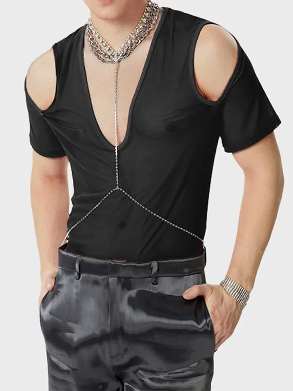 Mens Mesh Off-Shoulder V-Neck T-Shirt SKUK66766 sold by Incerunmen product image thumbnail 3