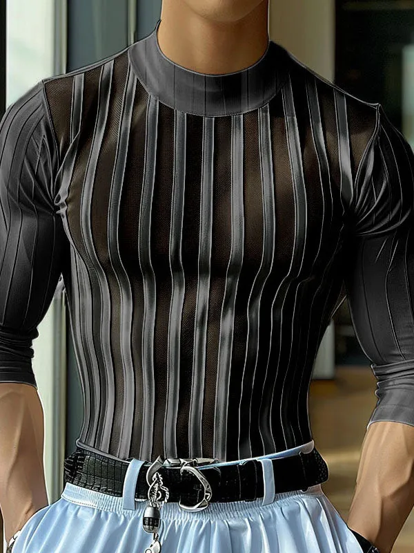 Mens Sheer Striped Panel Round Neck T-Shirt SKUK70053 sold by Incerunmen product image thumbnail 2