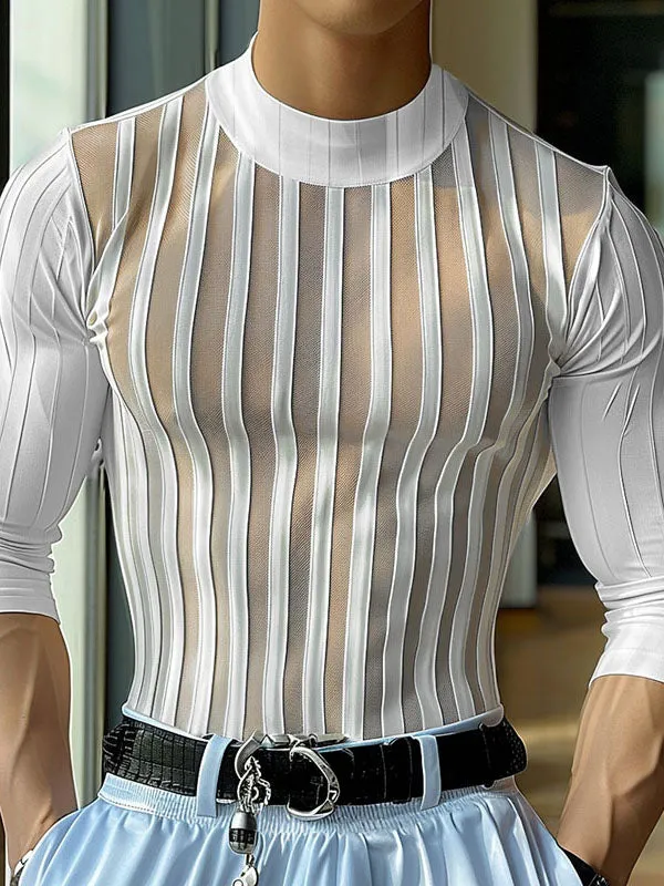 Mens Sheer Striped Panel Round Neck T-Shirt SKUK70053 sold by Incerunmen