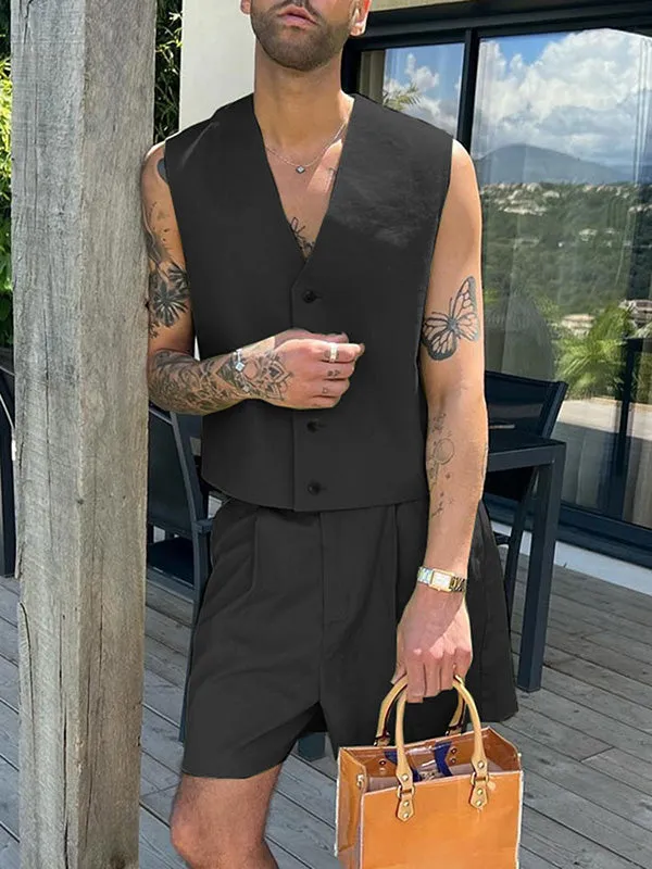 Mens Solid Color Cropped Two Pieces Outfit SKUK65717 sold by Incerunmen