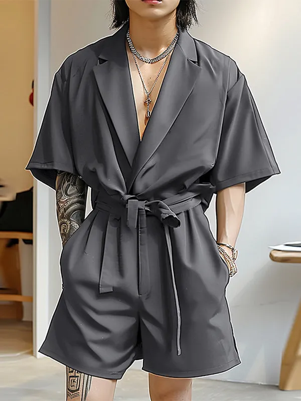 Mens Solid Notched Lapel Short Sleeve Jumpsuit SKUK61649 sold by Incerunmen product image thumbnail 2