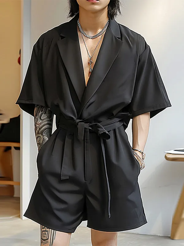 Mens Solid Notched Lapel Short Sleeve Jumpsuit SKUK61649 sold by Incerunmen