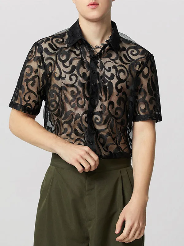 Mens Lace See Through Short Sleeve Shirt SKUK61375 sold by Incerunmen