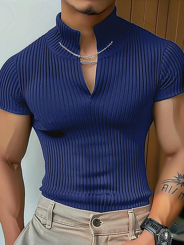 Mens Solid Textured Notched Neck Short Sleeve T-Shirt SKUK61909 sold by Incerunmen product image thumbnail 4