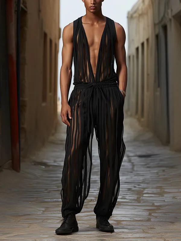 Mens Striped See Through V-Neck Jumpsuit SKUK51122 sold by Incerunmen