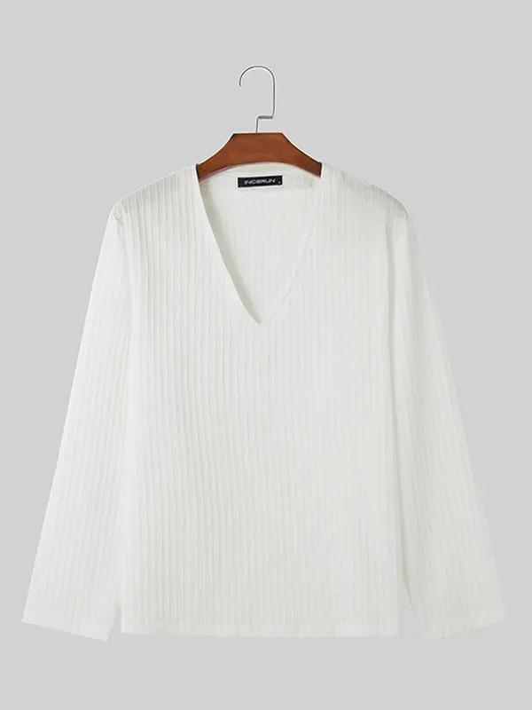 Mens Solid Texture V-Neck Long Sleeve T-Shirt SKUK49736 sold by Incerunmen product image thumbnail 4