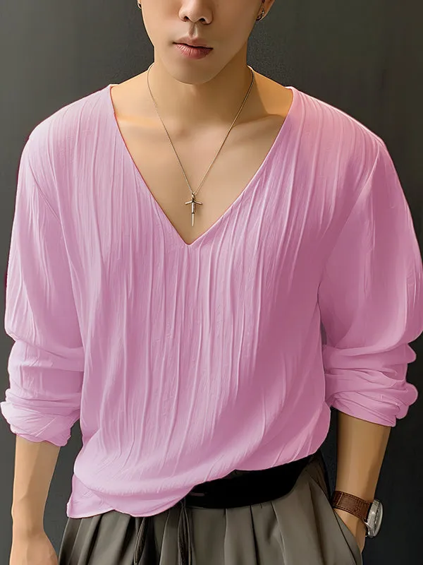 Mens Solid Texture V-Neck Long Sleeve T-Shirt SKUK49736 sold by Incerunmen product image thumbnail 2