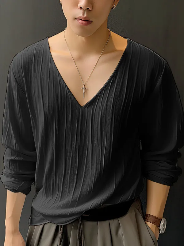 Mens Solid Texture V-Neck Long Sleeve T-Shirt SKUK49736 sold by Incerunmen