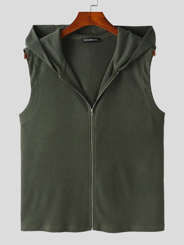 Mens Waffle Knit Zip Front Hooded Waistcoat SKUK48908 sold by Incerunmen product image thumbnail 4