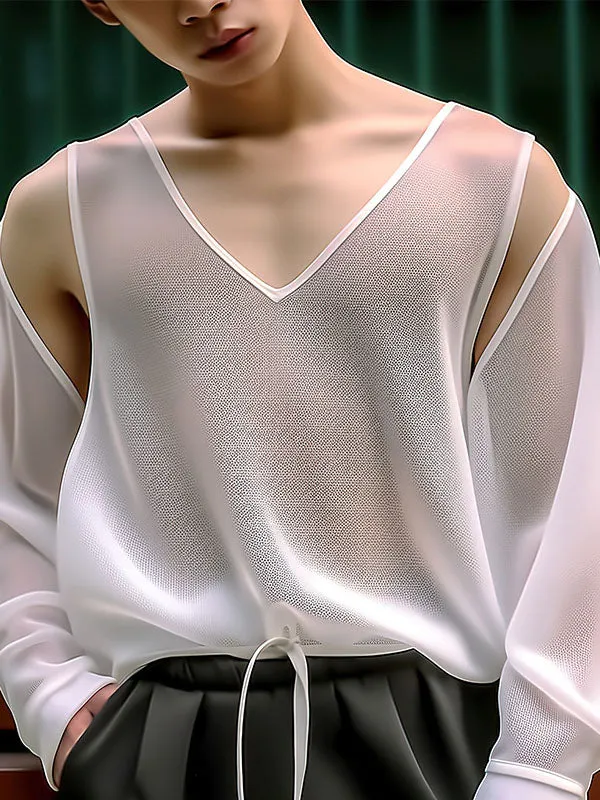 Mens Cutout Sleeve V-Neck See Through T-Shirt SKUK48343 sold by Incerunmen