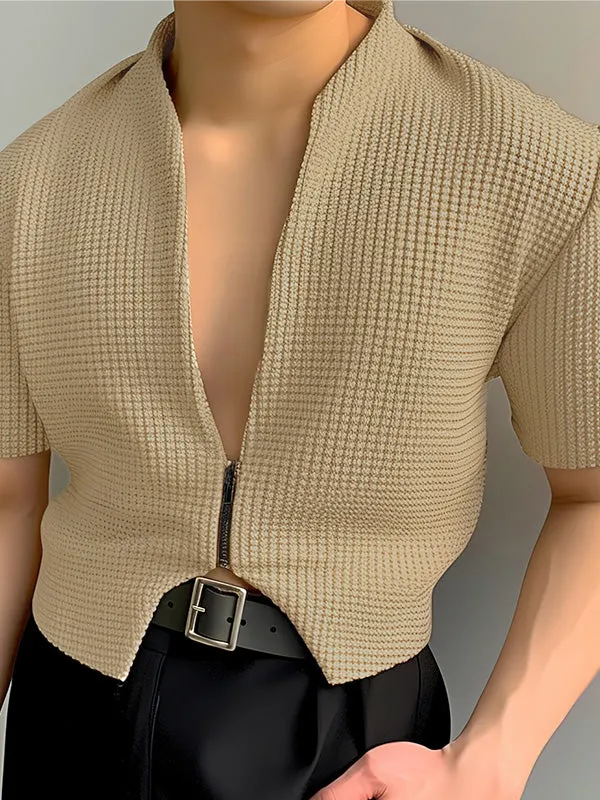 Mens Solid Texture Zip Front Short Sleeve Jacket SKUK47082 sold by Incerunmen product image thumbnail 3