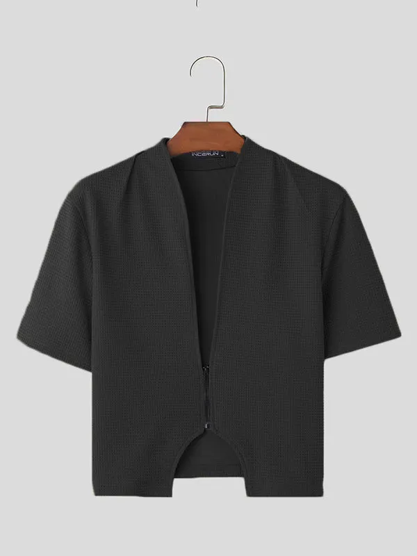 Mens Solid Texture Zip Front Short Sleeve Jacket SKUK47082 sold by Incerunmen product image thumbnail 4