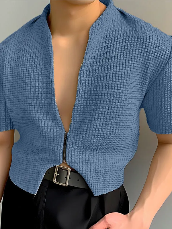 Mens Solid Texture Zip Front Short Sleeve Jacket SKUK47082 sold by Incerunmen product image thumbnail 2