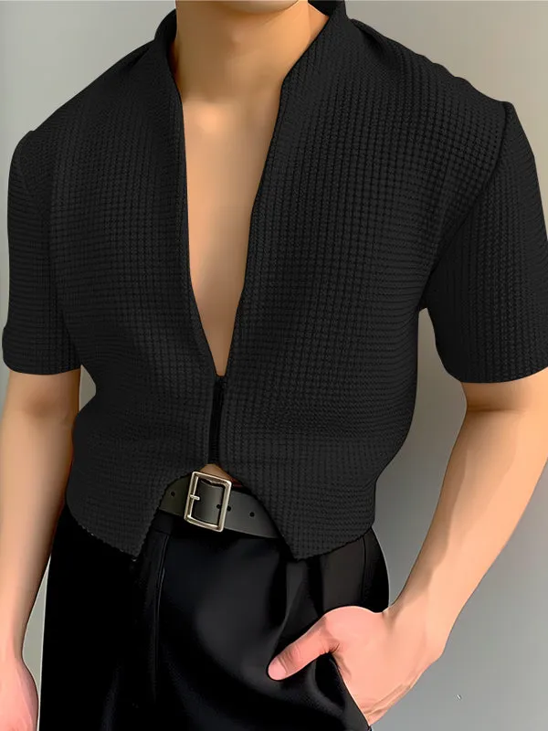 Mens Solid Texture Zip Front Short Sleeve Jacket SKUK47082 sold by Incerunmen