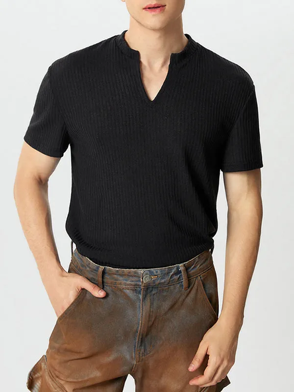 Mens Solid V-Neck Knit Short Sleeve T-Shirt SKUK40546 sold by Incerunmen product image thumbnail 3