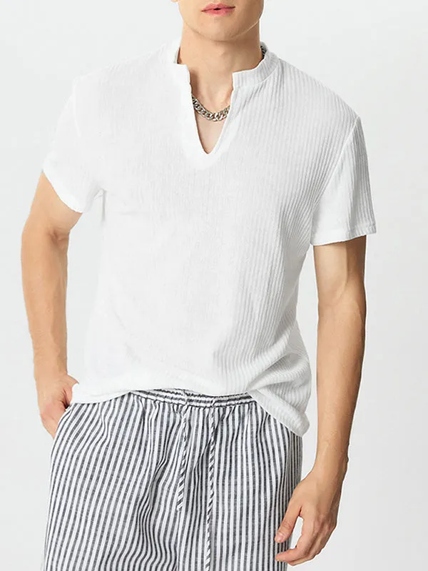 Mens Solid V-Neck Knit Short Sleeve T-Shirt SKUK40546 sold by Incerunmen