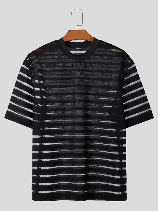 Mens Striped Mesh Half Sleeve T-Shirt SKUK35619 sold by Incerunmen product image thumbnail 4