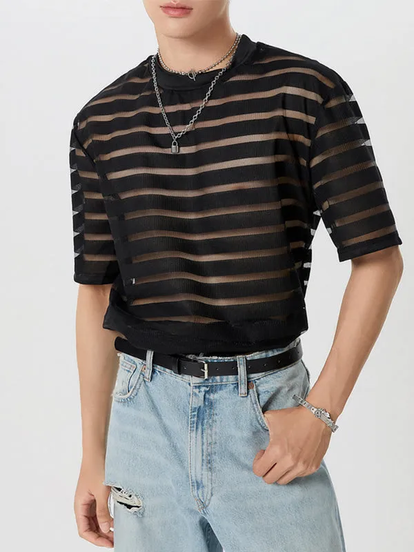 Mens Striped Mesh Half Sleeve T-Shirt SKUK35619 sold by Incerunmen
