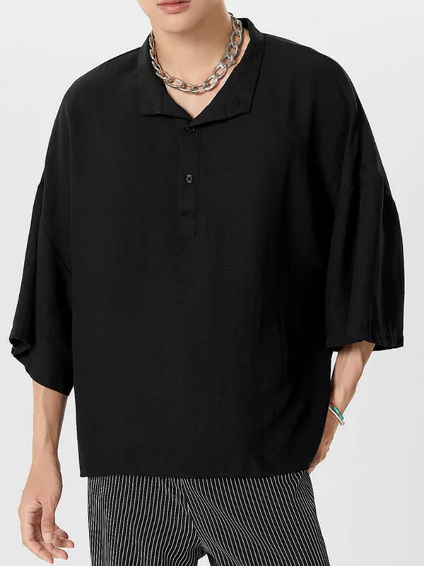 Mens Solid Stand Collar Loose Henley Shirt SKUK19640 sold by Incerunmen