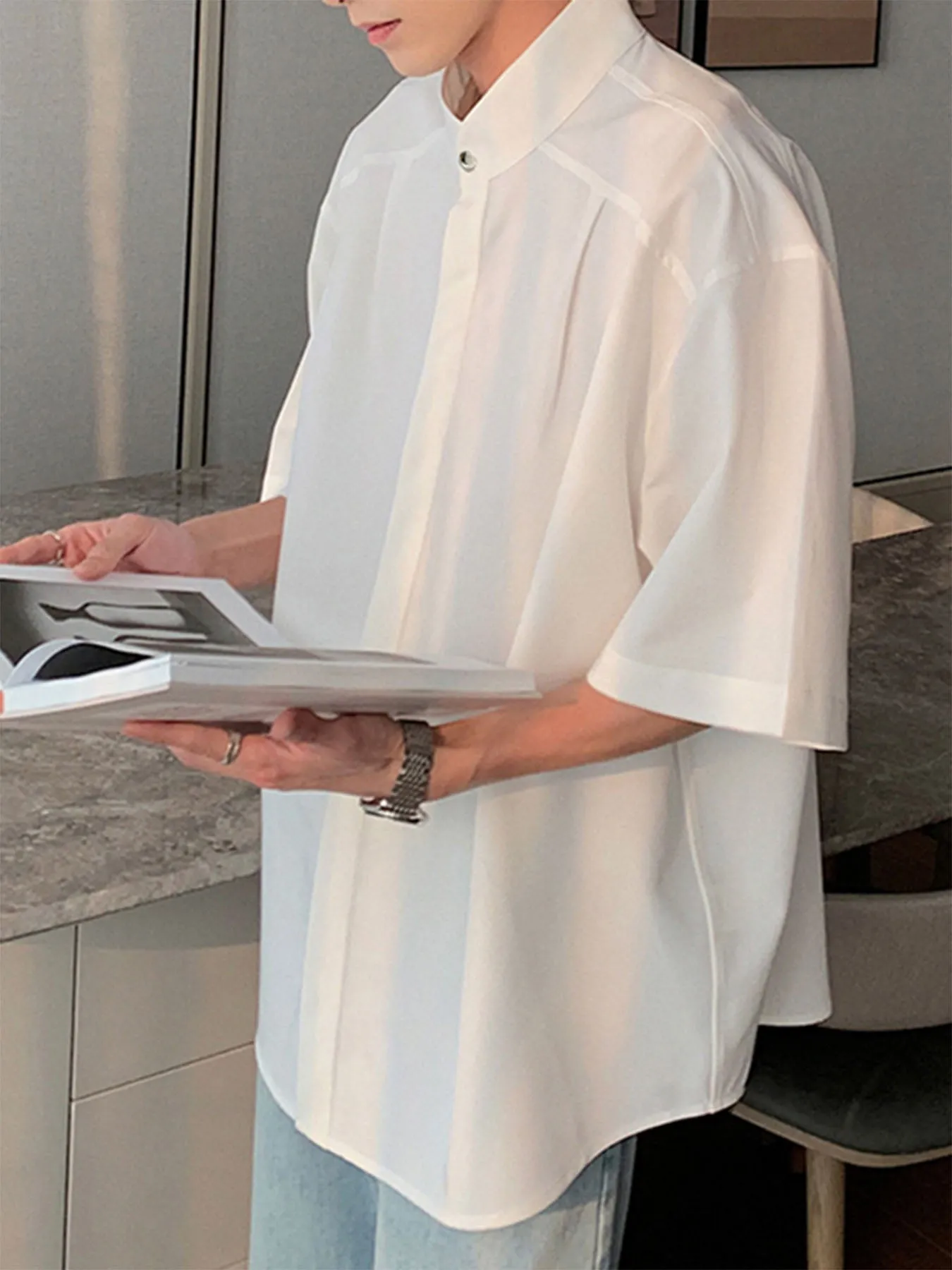 Mens Solid Pleated Concealed Placket Shirt SKUK15664 sold by Incerunmen product image thumbnail 4