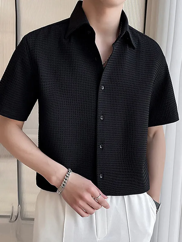 Mens Solid Waffle Lapel Short Sleeve Shirt SKUK16327 sold by Incerunmen product image thumbnail 2